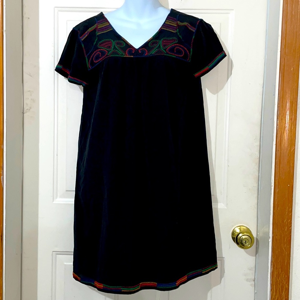 Cute black embroidered tunic dress, Madewell, small.